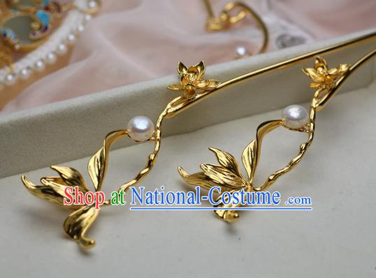 Chinese Handmade Pearls Hairpin Traditional Ming Dynasty Golden Orchid Hair Stick