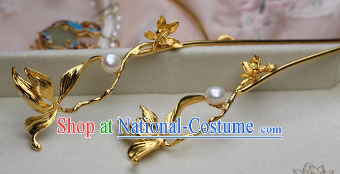 Chinese Handmade Pearls Hairpin Traditional Ming Dynasty Golden Orchid Hair Stick