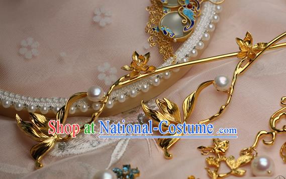 Chinese Handmade Pearls Hairpin Traditional Ming Dynasty Golden Orchid Hair Stick