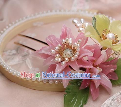 Chinese Handmade Pink Flowers Hairpin Traditional Ming Dynasty Lily Flower Hair Stick