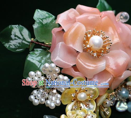 Chinese Handmade Shell Plum Hairpin Traditional Ming Dynasty Pink Rose Hair Stick