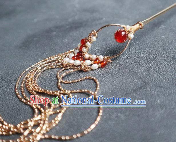 Chinese Handmade Golden Long Tassel Hair Stick Traditional Ming Dynasty Hairpin Accessories