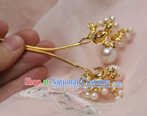 Chinese Handmade Tang Dynasty Golden Hairpin Traditional Ancient Princess Pearls Hair Stick Headpiece