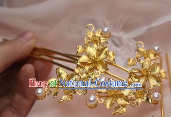 Chinese Traditional Ancient Princess Hair Stick Headpiece Handmade Tang Dynasty Golden Peach Flowers Hairpin