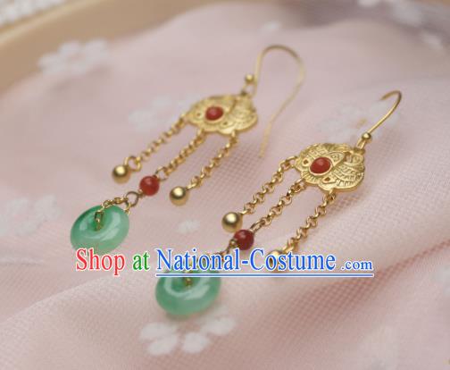 China Traditional Qing Dynasty Imperial Consort Jade Peace Buckle Earrings Ancient Empress Golden Ear Jewelry