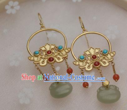 China Traditional Cheongsam Golden Earrings Ancient Princess Jade Agate Ear Jewelry