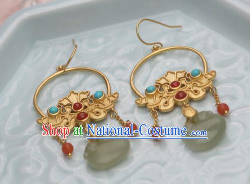 China Traditional Cheongsam Golden Earrings Ancient Princess Jade Agate Ear Jewelry