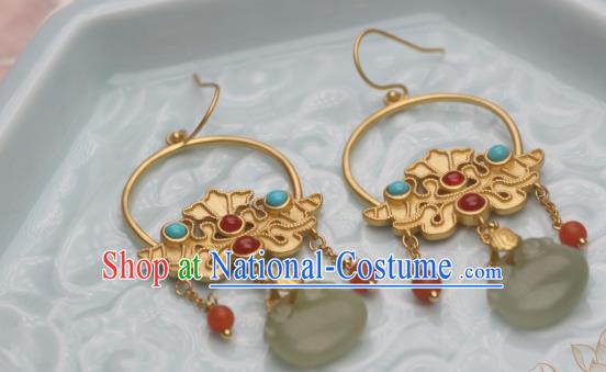 China Traditional Cheongsam Golden Earrings Ancient Princess Jade Agate Ear Jewelry