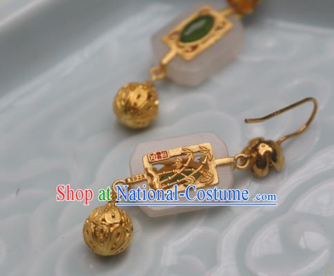 China Traditional Cheongsam White Jade Earrings Ancient Princess Golden Ear Jewelry