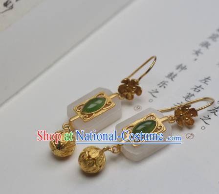 China Traditional Cheongsam White Jade Earrings Ancient Princess Golden Ear Jewelry