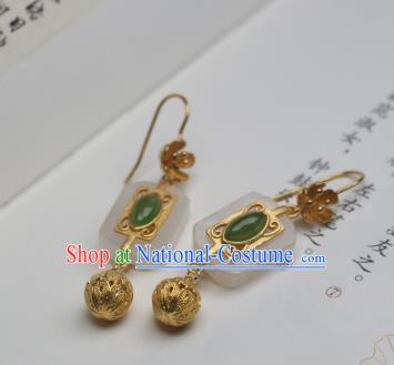 China Traditional Cheongsam White Jade Earrings Ancient Princess Golden Ear Jewelry