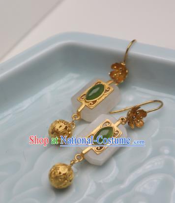 China Traditional Cheongsam White Jade Earrings Ancient Princess Golden Ear Jewelry