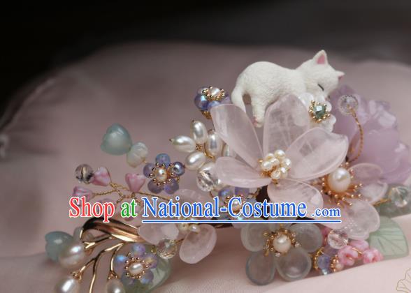 Chinese Handmade Rose Quartz Hairpin Traditional Ancient Princess Sakura Hair Stick