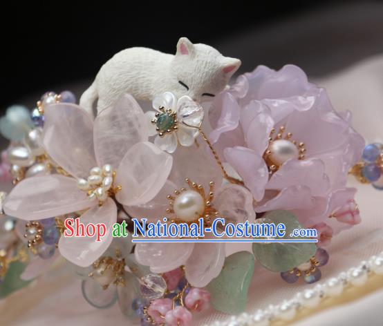 Chinese Handmade Rose Quartz Hairpin Traditional Ancient Princess Sakura Hair Stick