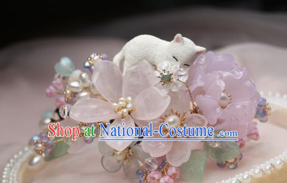 Chinese Handmade Rose Quartz Hairpin Traditional Ancient Princess Sakura Hair Stick