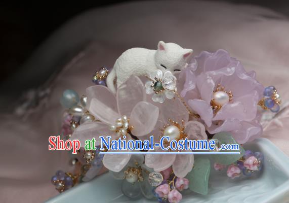 Chinese Handmade Rose Quartz Hairpin Traditional Ancient Princess Sakura Hair Stick