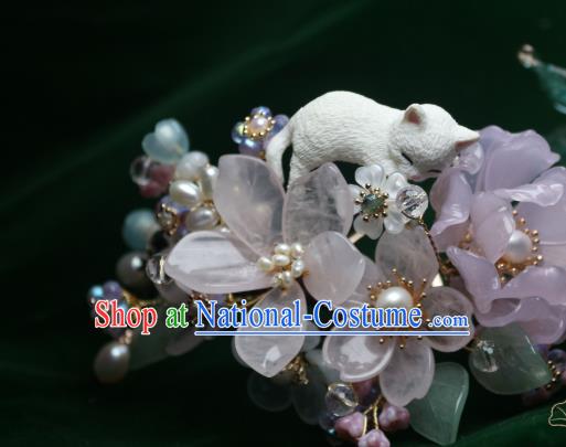 Chinese Handmade Rose Quartz Hairpin Traditional Ancient Princess Sakura Hair Stick