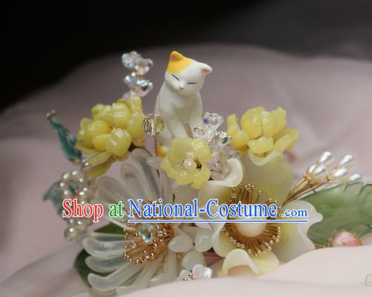 Chinese Handmade Cat Hairpin Traditional Ancient Princess Chrysanthemum Hair Stick Headpiece