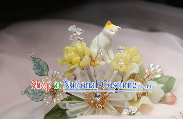 Chinese Handmade Cat Hairpin Traditional Ancient Princess Chrysanthemum Hair Stick Headpiece