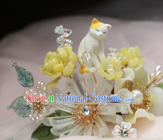 Chinese Handmade Cat Hairpin Traditional Ancient Princess Chrysanthemum Hair Stick Headpiece