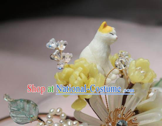 Chinese Handmade Cat Hairpin Traditional Ancient Princess Chrysanthemum Hair Stick Headpiece