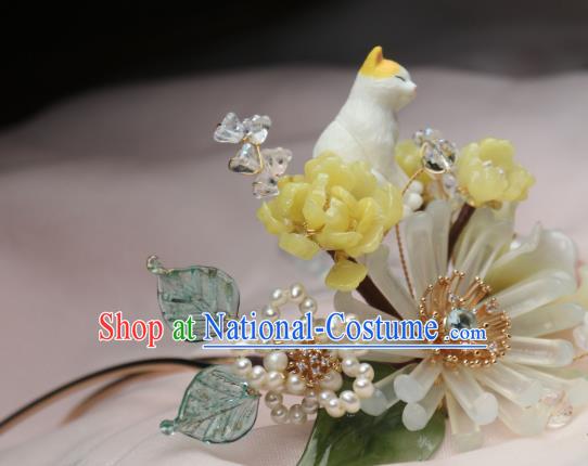 Chinese Handmade Cat Hairpin Traditional Ancient Princess Chrysanthemum Hair Stick Headpiece