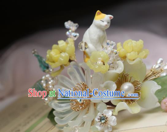 Chinese Handmade Cat Hairpin Traditional Ancient Princess Chrysanthemum Hair Stick Headpiece