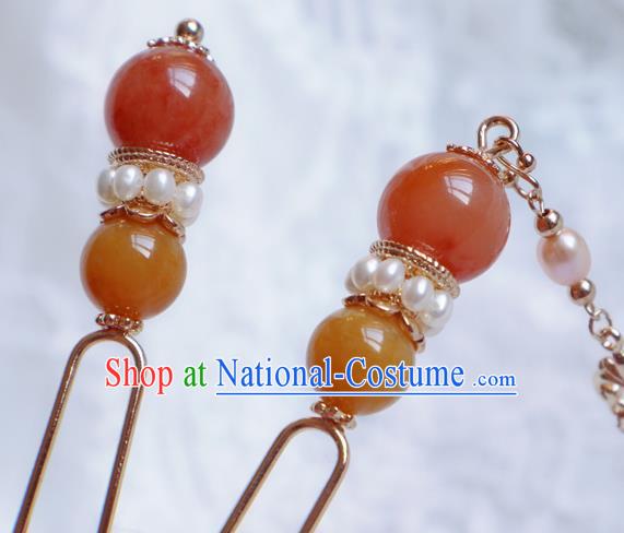 Chinese Handmade Agate Hairpin Traditional Tang Dynasty Noble Princess Pearls Tassel Hair Stick