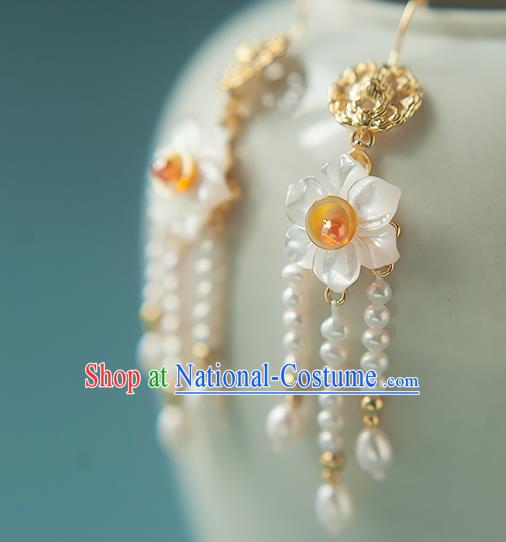 China Traditional Hanfu Pearls Tassel Earrings Ancient Ming Dynasty Princess Shell Daffodil Ear Jewelry