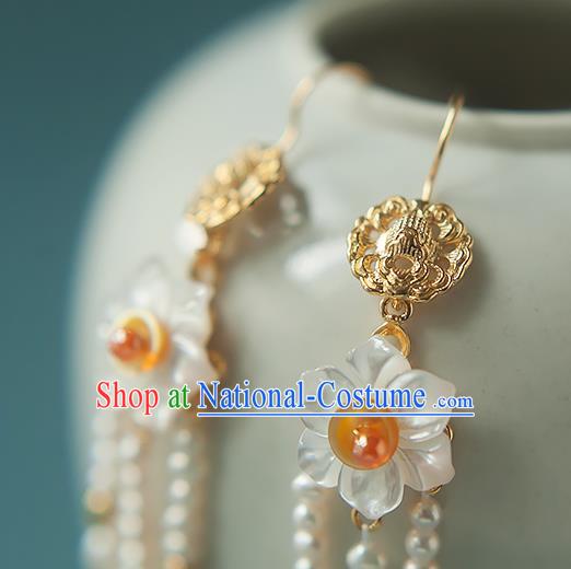 China Traditional Hanfu Pearls Tassel Earrings Ancient Ming Dynasty Princess Shell Daffodil Ear Jewelry