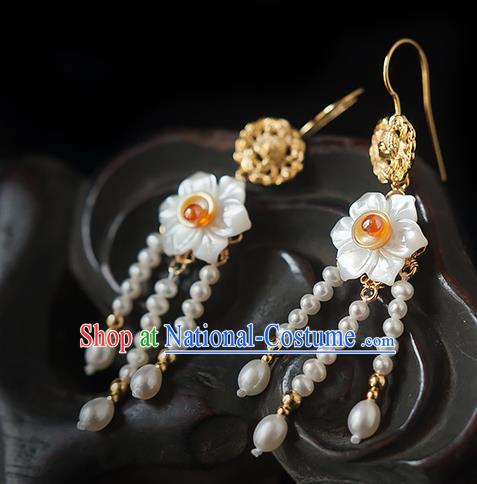 China Traditional Hanfu Pearls Tassel Earrings Ancient Ming Dynasty Princess Shell Daffodil Ear Jewelry