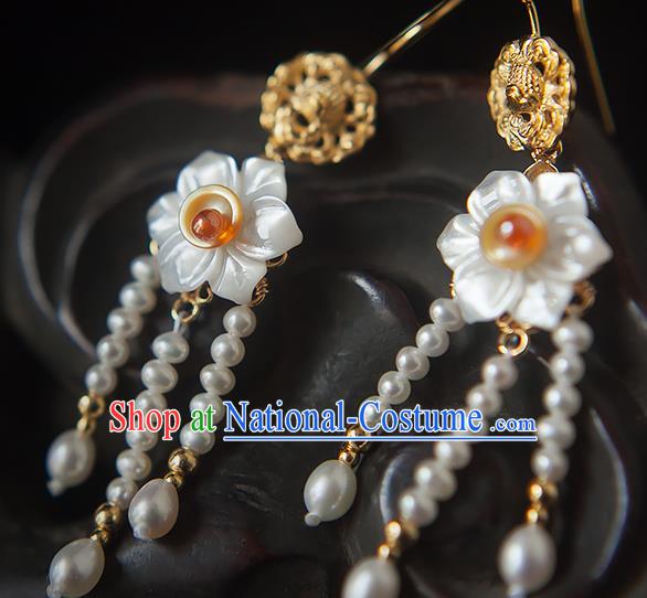 China Traditional Hanfu Pearls Tassel Earrings Ancient Ming Dynasty Princess Shell Daffodil Ear Jewelry