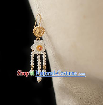 China Traditional Hanfu Pearls Tassel Earrings Ancient Ming Dynasty Princess Shell Daffodil Ear Jewelry