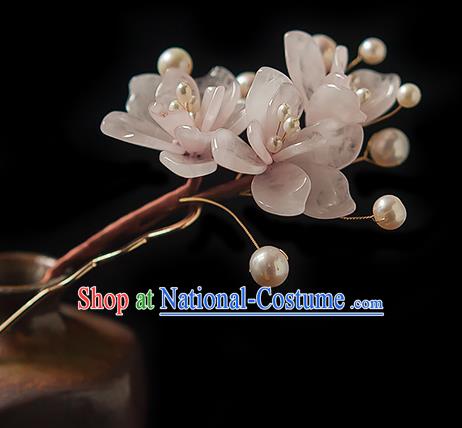 Chinese Handmade Pink Mangnolia Hair Stick Traditional Ming Dynasty Princess Rose Quartz Hairpin