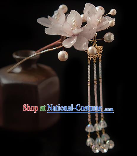 Chinese Handmade Beads Tassel Hair Stick Traditional Ming Dynasty Princess Pink Mangnolia Hairpin