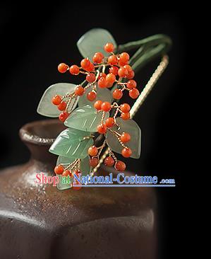 Chinese Handmade Berry Hair Stick Traditional Ming Dynasty Princess Green Leaf Hairpin