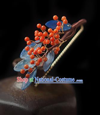 Chinese Handmade Red Berry Hair Stick Traditional Ming Dynasty Princess Blue Leaf Hairpin