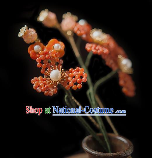 Chinese Handmade Mulberry Hair Stick Traditional Song Dynasty Princess Red Beads Hairpin