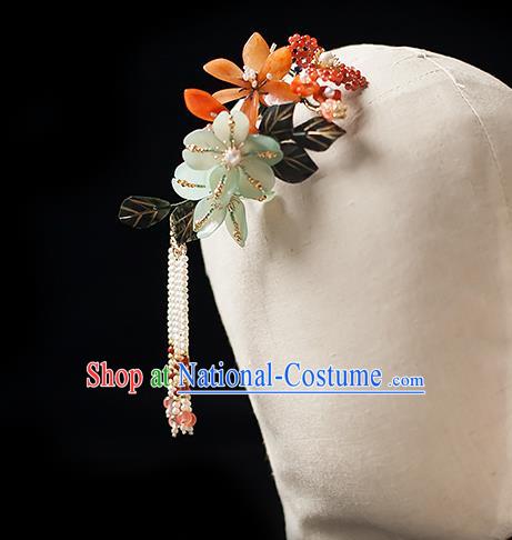 Chinese Handmade Pearls Tassel Hair Stick Traditional Song Dynasty Princess Peach Flowers Hairpin