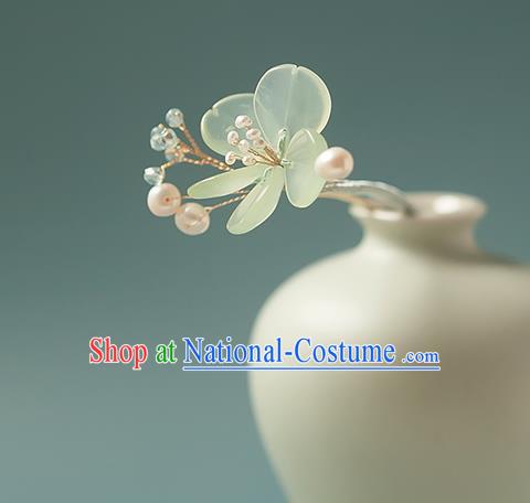 Chinese Handmade Jade Hair Stick Traditional Song Dynasty Princess Green Flower Hairpin