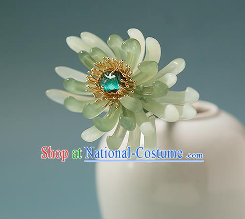 Chinese Handmade Hair Stick Traditional Ming Dynasty Empress Green Chrysanthemum Hairpin