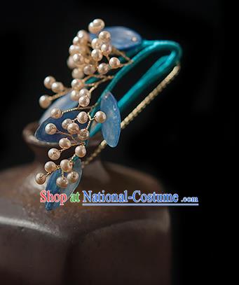 Chinese Handmade Blue Leaf Hair Stick Traditional Ming Dynasty Princess Pearls Hairpin