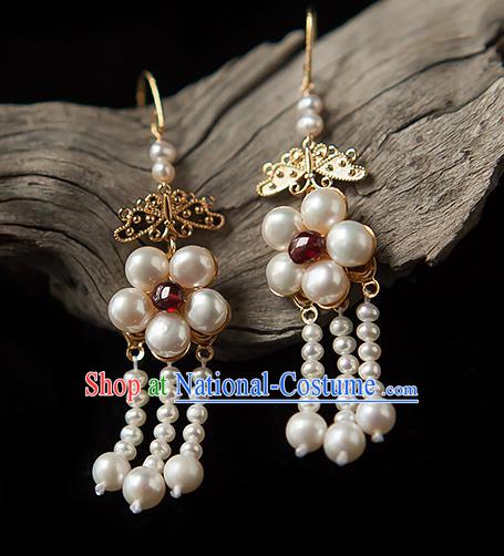 China Traditional Hanfu Pearls Earrings Ancient Ming Dynasty Princess Ruby Ear Jewelry