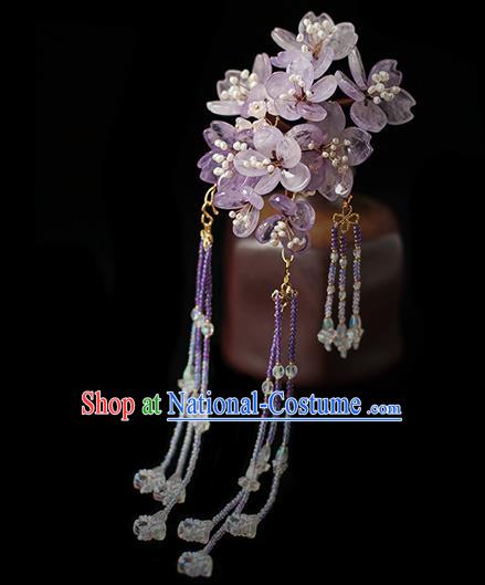 Chinese Handmade Purple Sakura Hair Stick Traditional Tang Dynasty Princess Amethyst Beads Tassel Hairpin