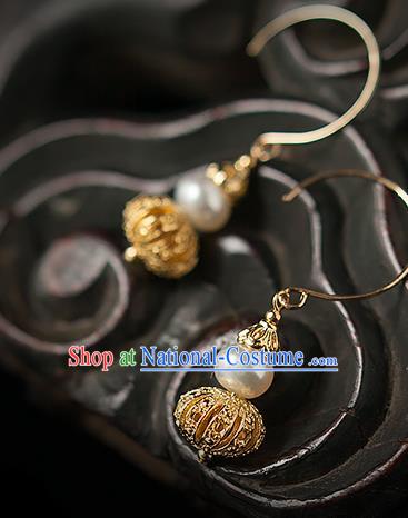 China Traditional Qing Dynasty Imperial Consort Earrings Ancient Palace Lady Golden Gourd Ear Jewelry