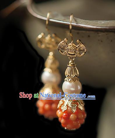 China Traditional Hanfu Golden Bat Earrings Ancient Ming Dynasty Princess Orange Beads Gourd Ear Jewelry