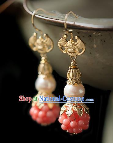 China Traditional Hanfu Golden Bat Earrings Ancient Ming Dynasty Princess Orange Beads Gourd Ear Jewelry