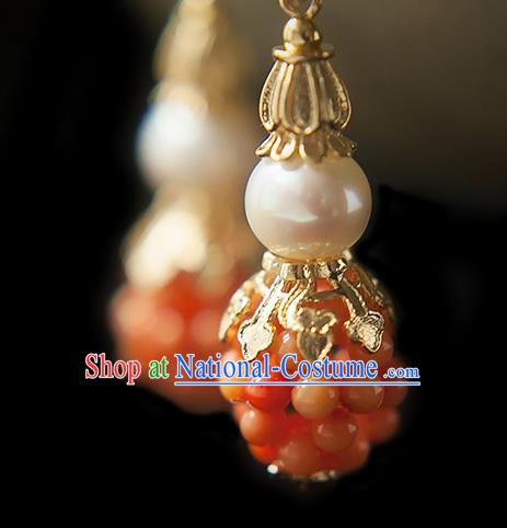 China Traditional Hanfu Golden Bat Earrings Ancient Ming Dynasty Princess Orange Beads Gourd Ear Jewelry