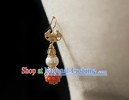 China Traditional Hanfu Golden Bat Earrings Ancient Ming Dynasty Princess Orange Beads Gourd Ear Jewelry