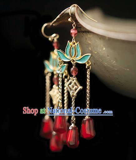 China Traditional Hanfu Red Beads Tassel Earrings Ancient Ming Dynasty Princess Lotus Ear Jewelry